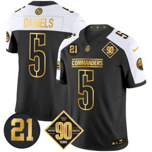 Men's Washington Commanders #5 Jayden Daniels Black Gold F.U.S.E. 90th & Sean Taylor Patch Vapor Limited Stitched Football Jersey - Custom Name