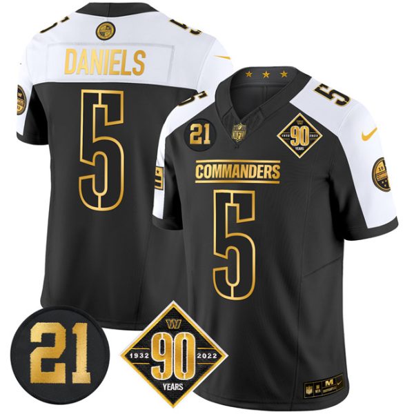 Men's Washington Commanders #5 Jayden Daniels Black Gold F.U.S.E. 90th & Sean Taylor Patch Vapor Limited Stitched Football Jersey - Custom Name