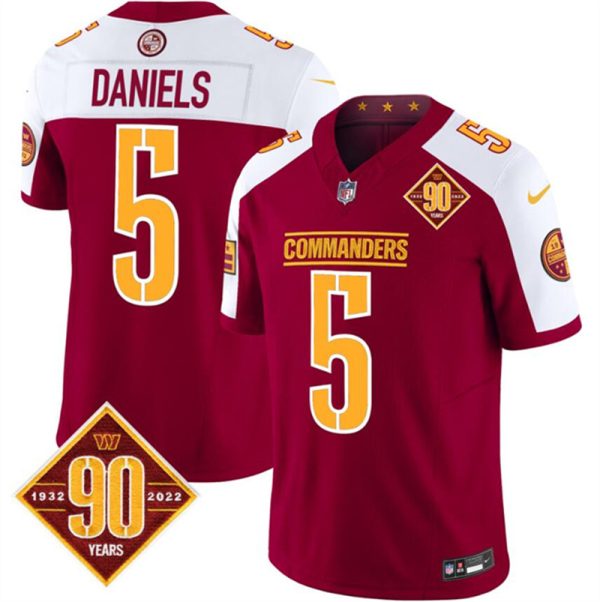 Men's Washington Commanders #5 Jayden Daniels Burgundy White 2023 F.U.S.E. 90th Anniversary Vapor Limited Stitched Football Jersey - Custom Name