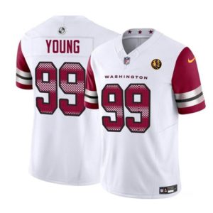 Men's Washington Commanders #99 Chase Young White 2023 F.U.S.E. With John Madden Patch Vapor Limited Stitched Football Jersey - Custom Name