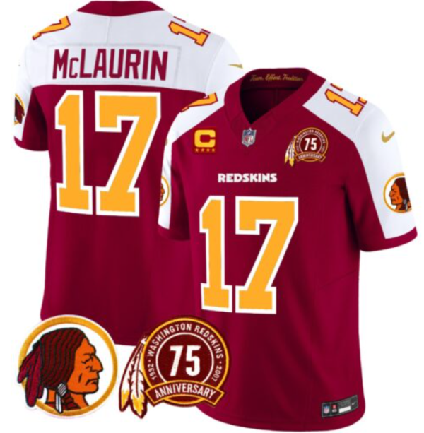 Men's Washington Redskins #17 Terry McLaurin Burgundy White 2024 F.U.S.E. 75th Patch And 4-star C Patch Throwback Vapor Limited Stitched Football Jersey - Custom Name