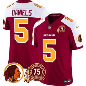Men's Washington Redskins #5 Jayden Daniels Burgundy White 2024 F.U.S.E. 75th Patch Throwback Vapor Limited Stitched Football Jersey - Custom Name