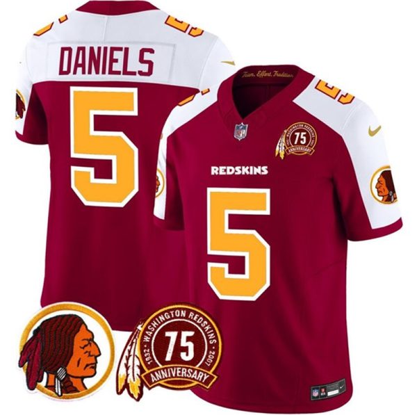 Men's Washington Redskins #5 Jayden Daniels Burgundy White 2024 F.U.S.E. 75th Patch Throwback Vapor Limited Stitched Football Jersey - Custom Name