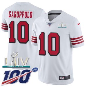 Nike 49ers #10 Jimmy Garoppolo White Super Bowl LIV 2020 Rush Men's Stitched NFL Limited 100th Season Jersey - Custom Name