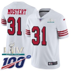 Nike 49ers #31 Raheem Mostert White Super Bowl LIV 2020 Men's Stitched NFL Limited Rush 100th Season Jersey - Custom Name