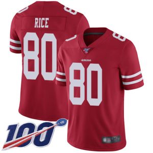 Nike 49ers #80 Jerry Rice Red Team Color Men's Stitched NFL 100th Season Vapor Limited Jersey - Custom Name