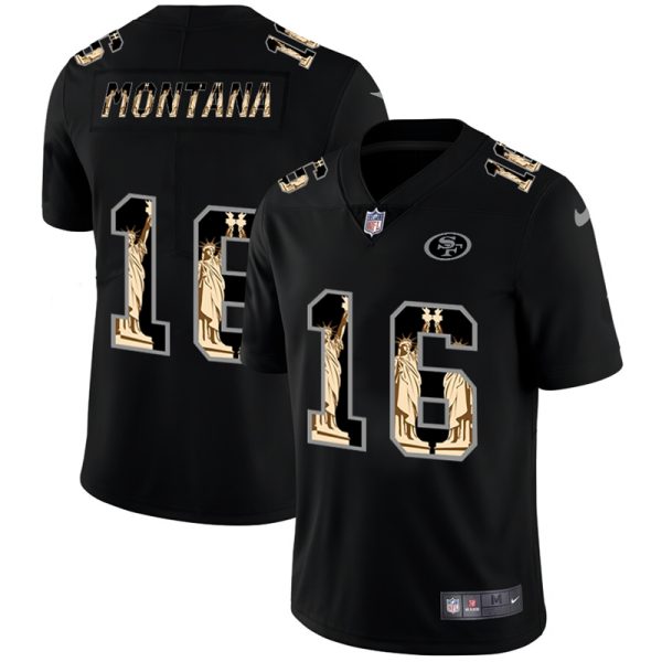 San Francisco 49ers #16 Joe Montana Carbon Black Vapor Statue Of Liberty Limited NFL Jersey - Custom Name