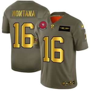 San Francisco 49ers #16 Joe Montana NFL Men's Nike Olive Gold 2019 Salute to Service Limited Jersey - Custom Name