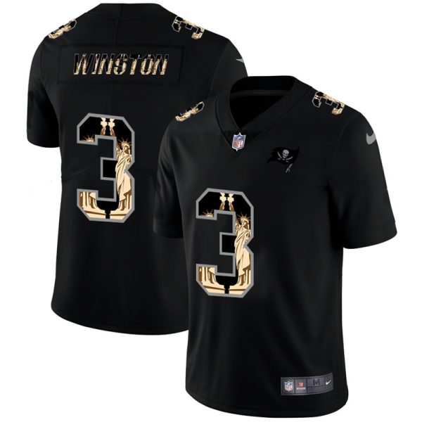 Tampa Bay Buccaneers #3 Jameis Winston Carbon Black Vapor Statue Of Liberty Limited NFL Jersey - Custom Name