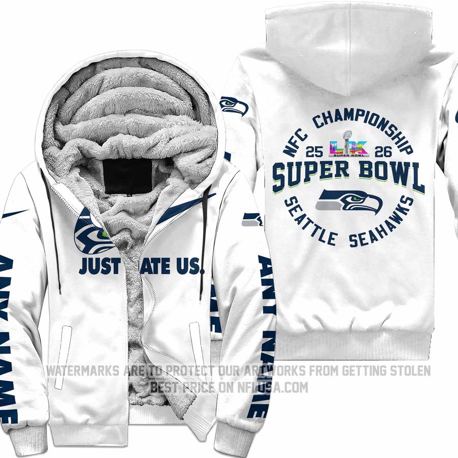 Limited Edition Super Bowl LX - Just Hate Us - Seattle Seahawks - Fleece Zip Hoodie