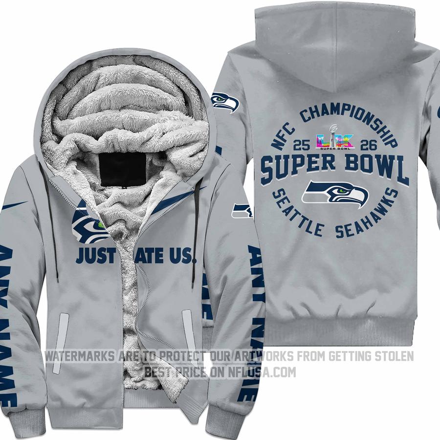 Limited Edition Super Bowl LX - Just Hate Us - Seattle Seahawks - Fleece Zip Hoodie